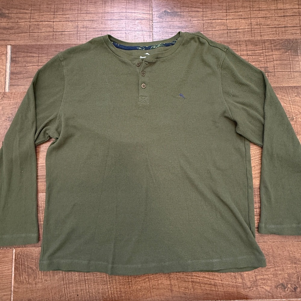 Tommy Bahama Henley Mens XL Green Waffle Knit Long Sleeve Thermal Marlin Shirt